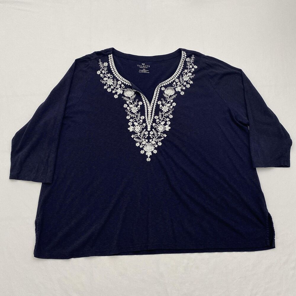 Talbots Navy Blue Top Split Neck Embroidered Cott… - image 1